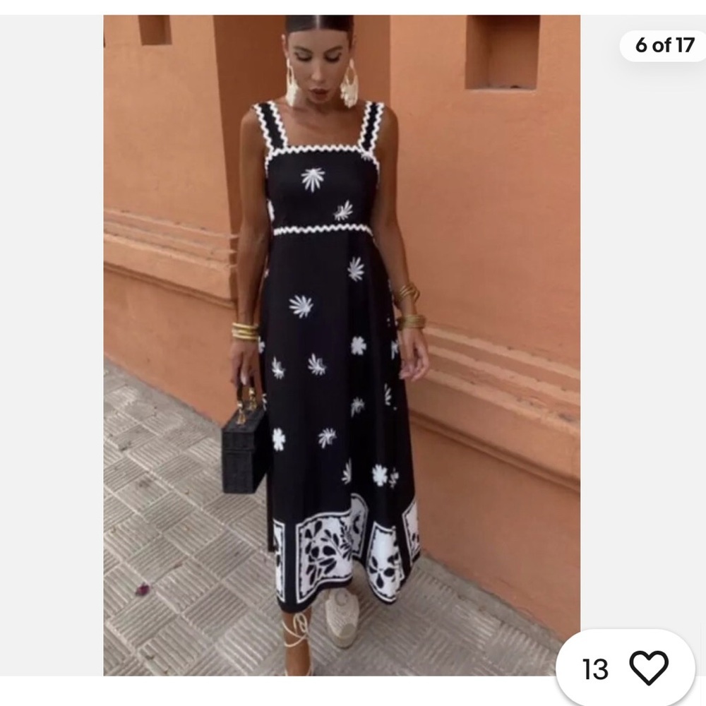 Zara Printed Knotted Midi Dress Black Ecru SS24 Women’s Size M - Picture 2 of 9